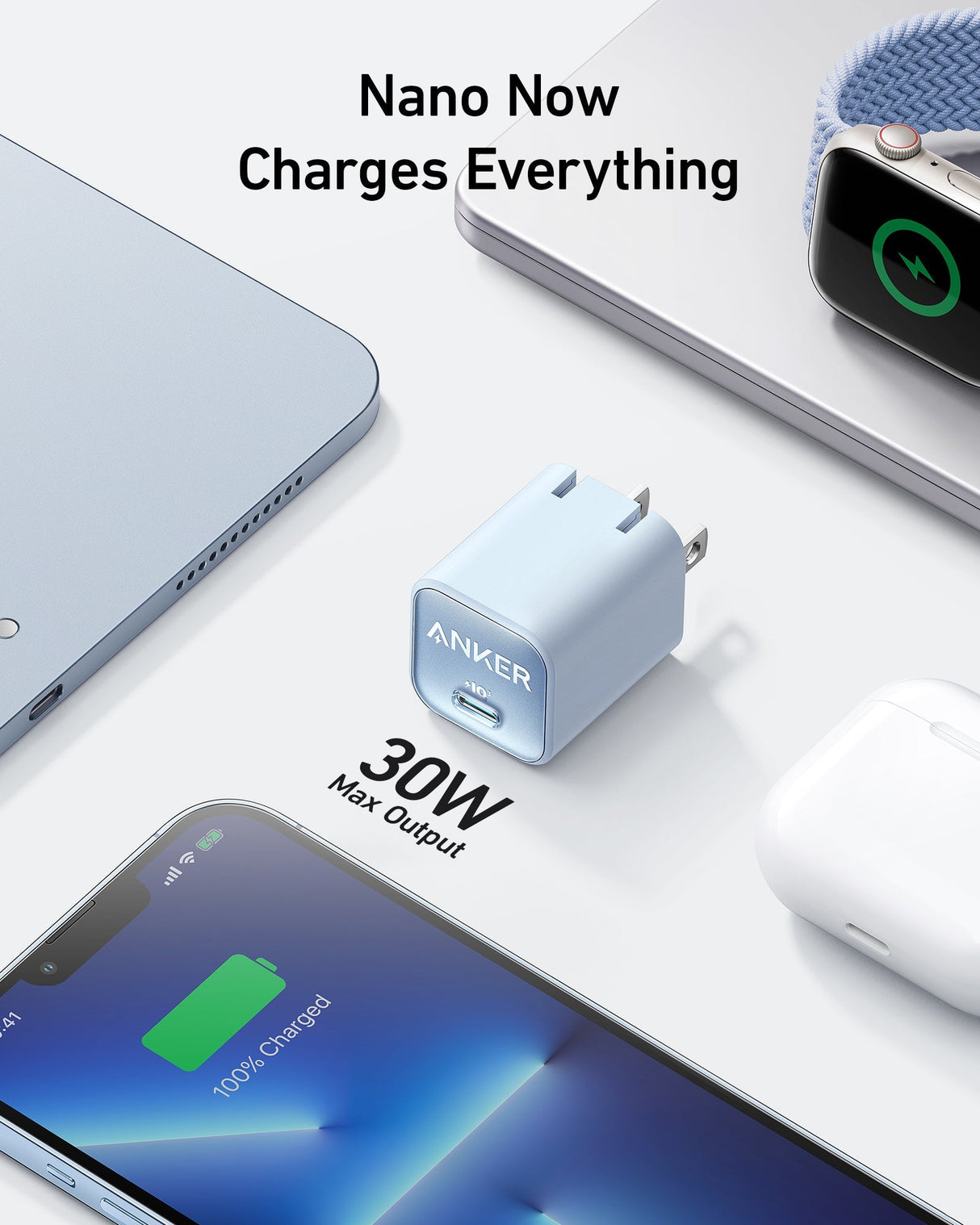 Anker Nano 30W charger for fast charging smartphones and devices, compact design, with USB-C port in a clean setting.