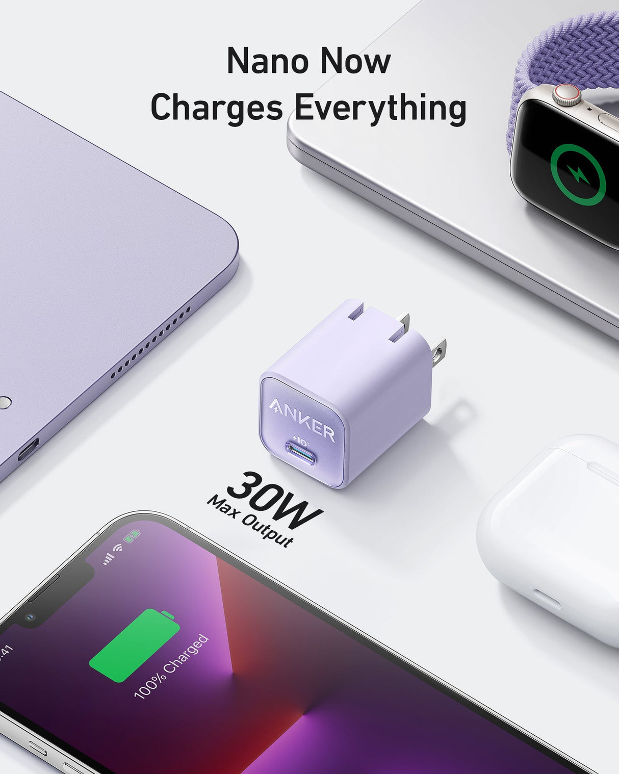 Anker Nano Charger 30W, compact charging device with USB-C port, shown in a close-up image highlighting its sleek design.