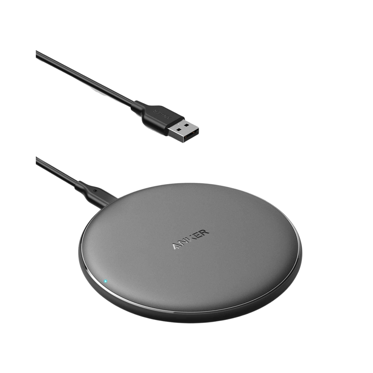 Anker 313 wireless charging pad for fast and convenient smartphone charging, black, slim design on a neutral surface.
