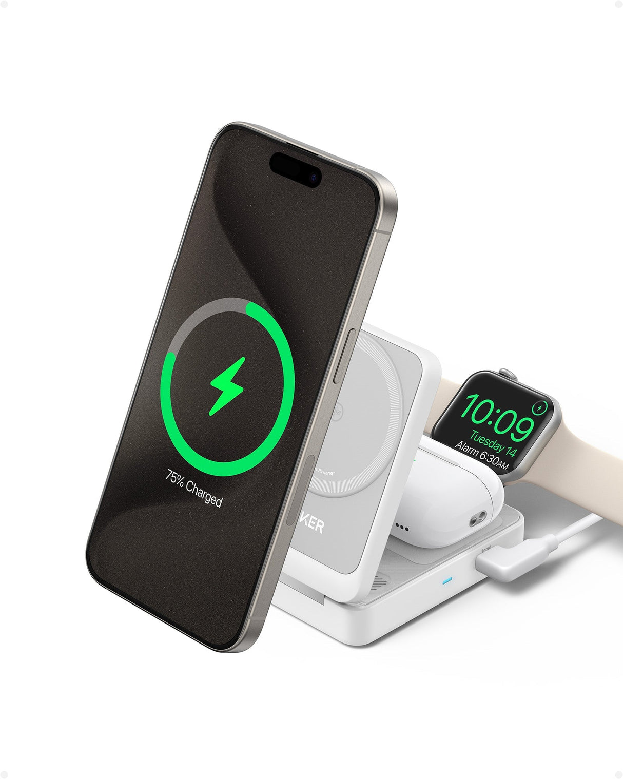 Anker MagGo wireless charging station 3-in-1 foldable design with device and cable placement for charging multiple devices.
