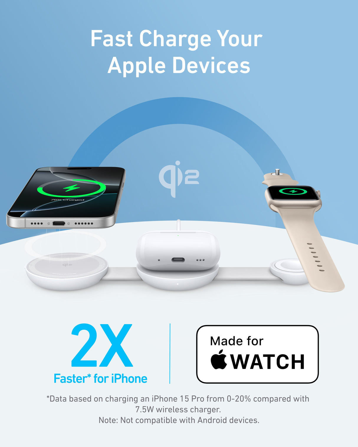 Anker MagGo 3-in-1 wireless charging station with foldable pad for charging smartphones, smartwatches, and earbuds.