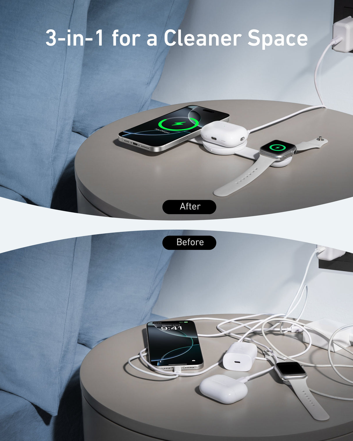Anker MagGo 3-in-1 wireless charging station with foldable pad for smartphones, Apple Watch, and AirPods, sleek and modern design.