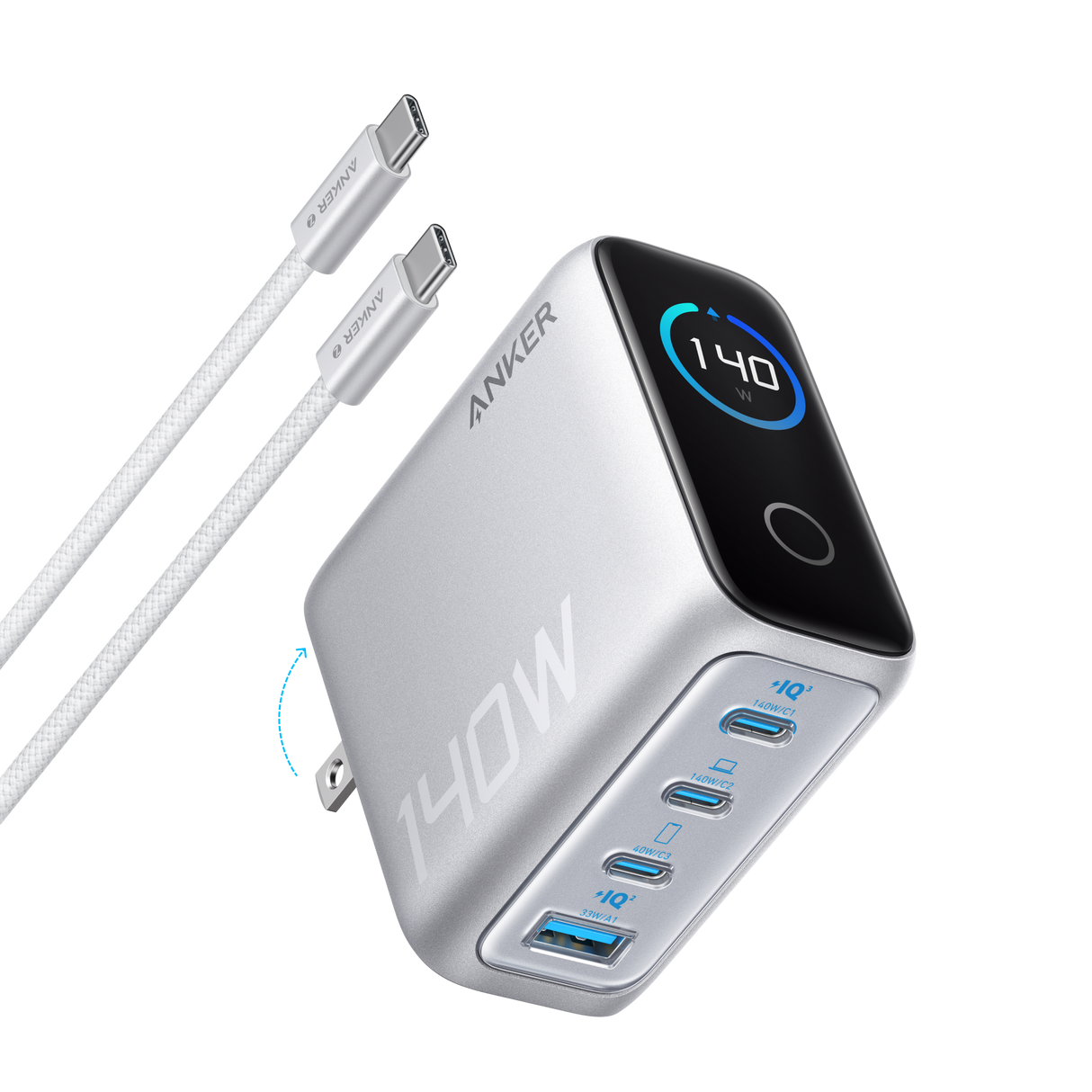 Anker 140W 4-port USB-C charger with PD 3.1 and included USB-C cable, compact and versatile for fast device charging.