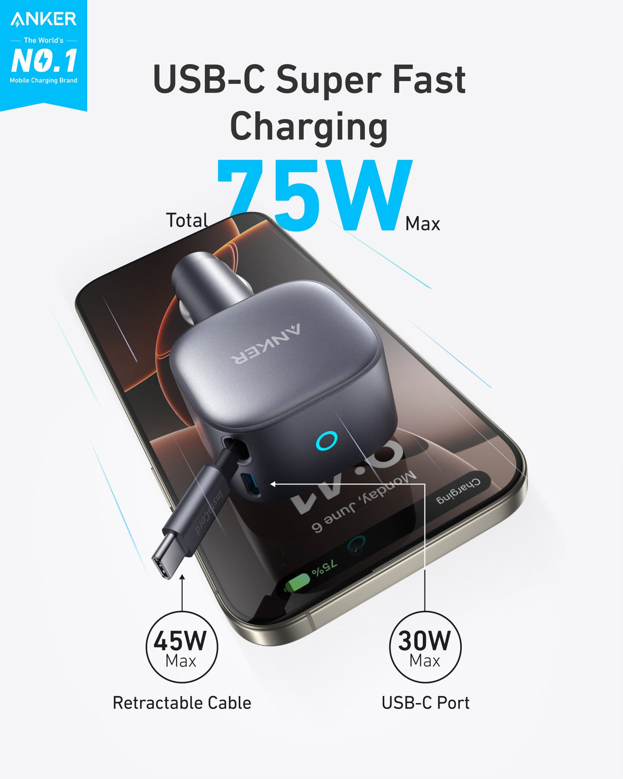 Anker Nano 75W car charger plugged into a vehicle's power outlet, compact design with USB-C port for fast charging.