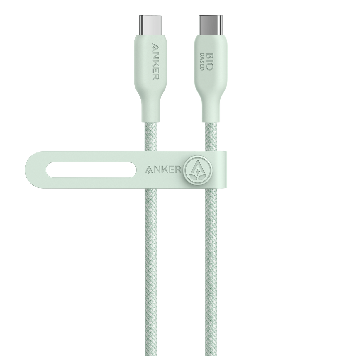 Anker 543 USB-C to USB-C charging cable with bio-braided design, shown in close-up with connectors visible.