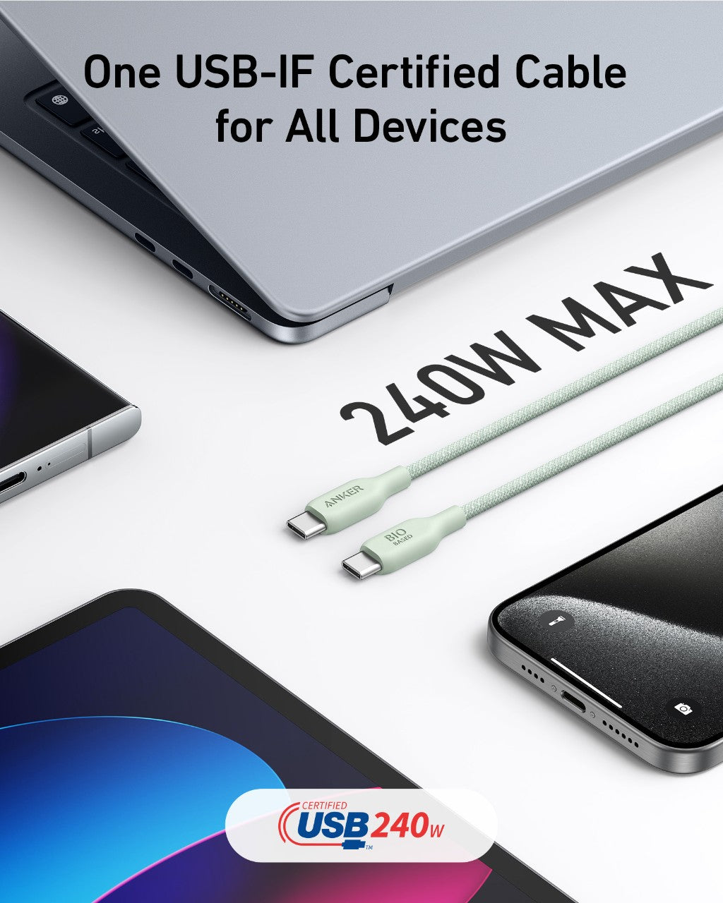 Anker 543 USB-C to USB-C bio-braided charging cable, durable and flexible for fast device charging.