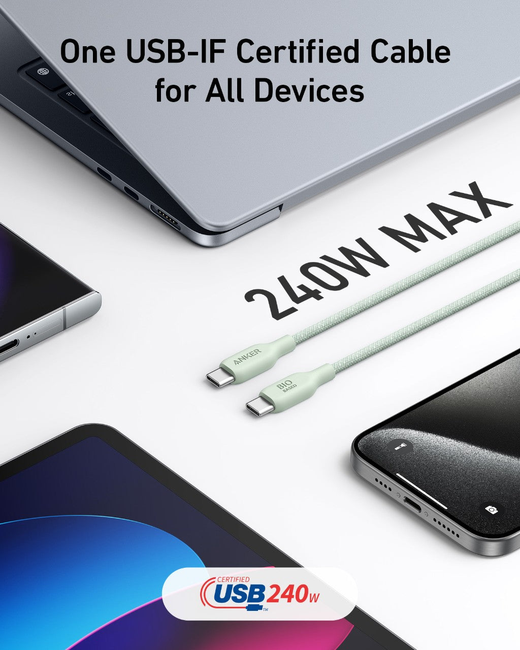 Anker 543 USB-C to USB-C charging cable with bio-braided design, showing a close-up of the durable, flexible cable for fast charging.