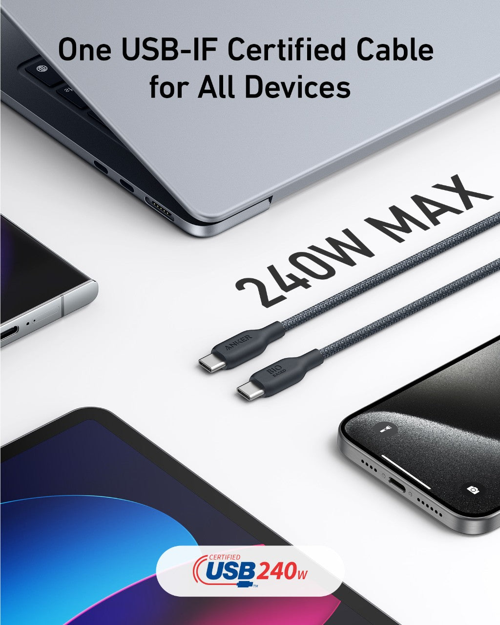 Anker 543 USB-C to USB-C charging cable with bio-braided design, shown coiled with connectors visible.