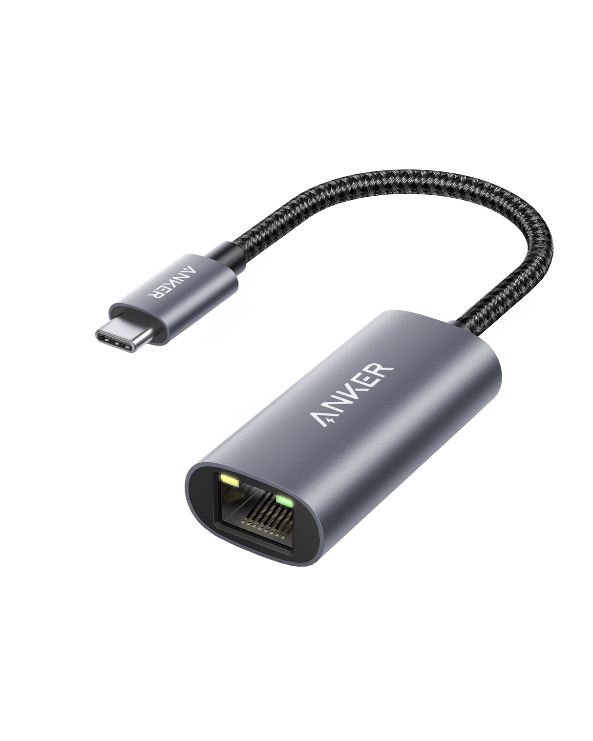 Anker PowerExpand USB-C to Gigabit Ethernet Adapter showing a compact black adapter with USB-C and Ethernet ports.