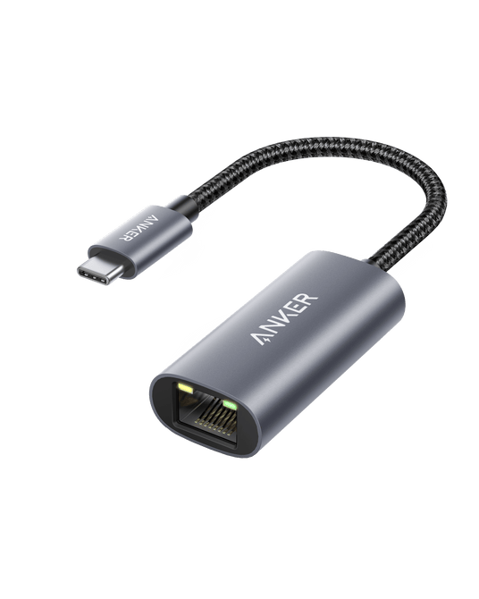 Anker PowerExpand USB-C to Gigabit Ethernet Adapter showing a compact black adapter with USB-C and Ethernet ports.
