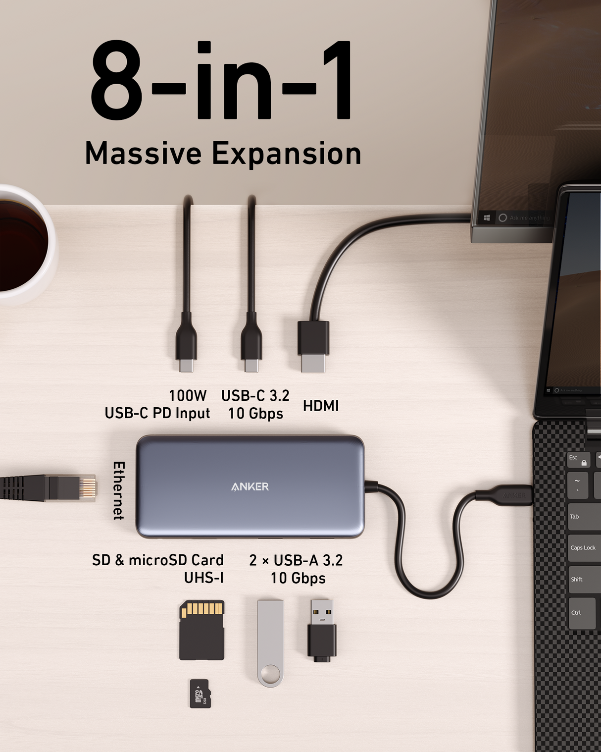 Anker 555 USB-C Hub 8-in-1 with multiple ports for charging and connectivity, shown with connected cables in a sleek design.