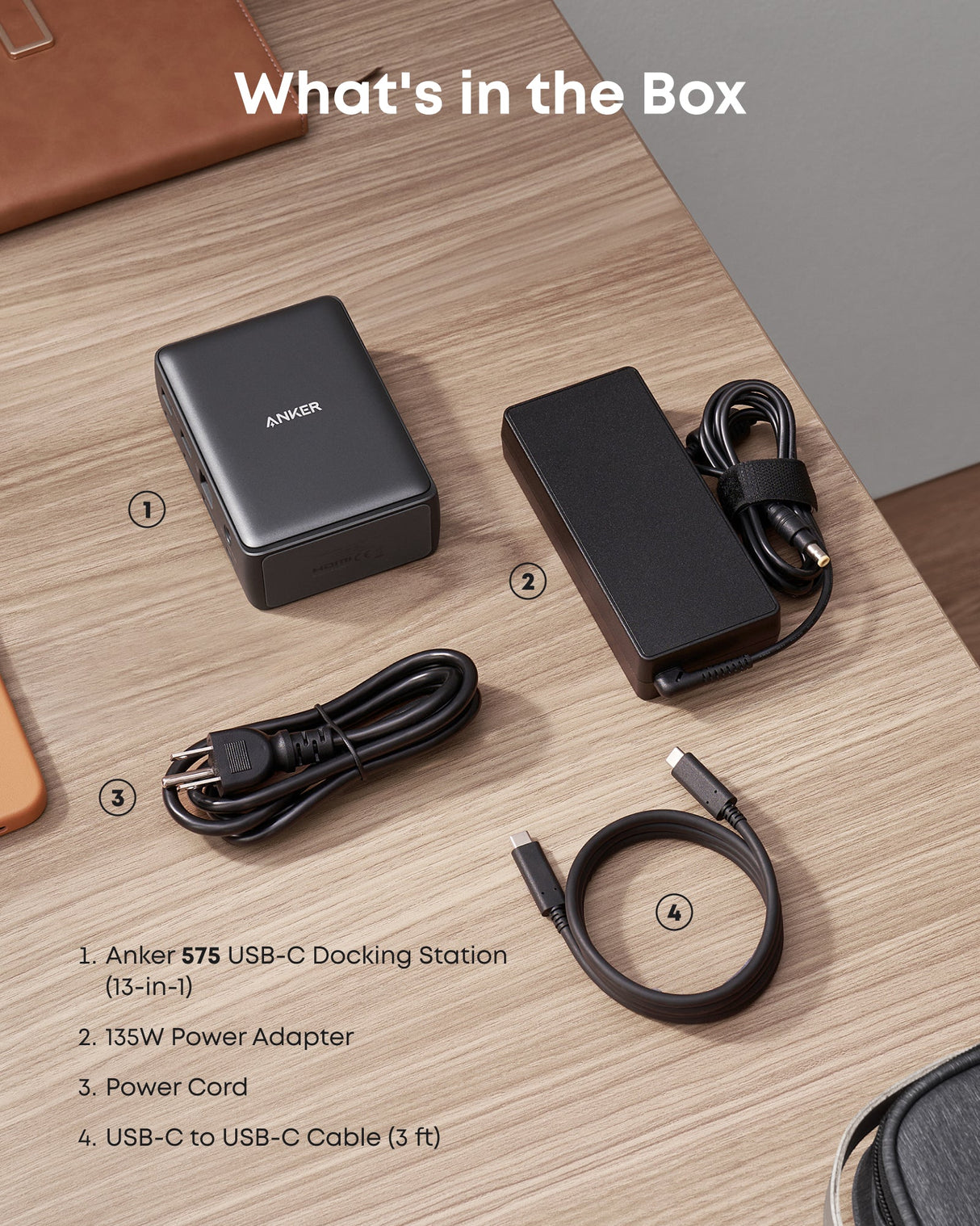 Anker 575 USB-C Docking Station 13-in-1 with multiple ports for charging and connectivity, shown with connected cables.