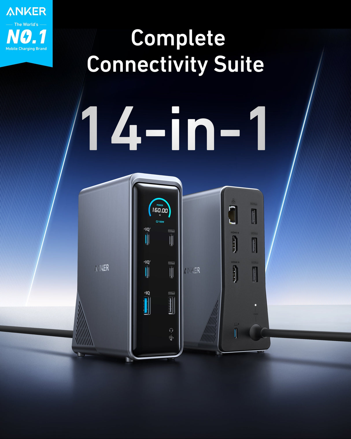 Anker Prime 14-in-1 docking station with dual display ports and 160W power, shown connected to a laptop with multiple devices.