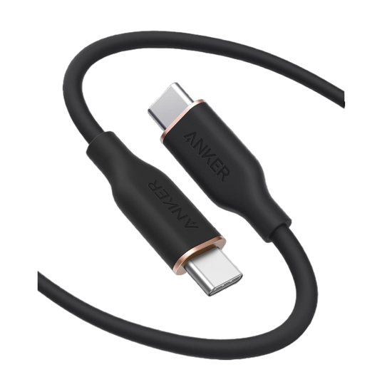 Anker 643 USB-C to USB-C silicone charging cable, slim and flexible for fast device charging, shown connected to a smartphone.