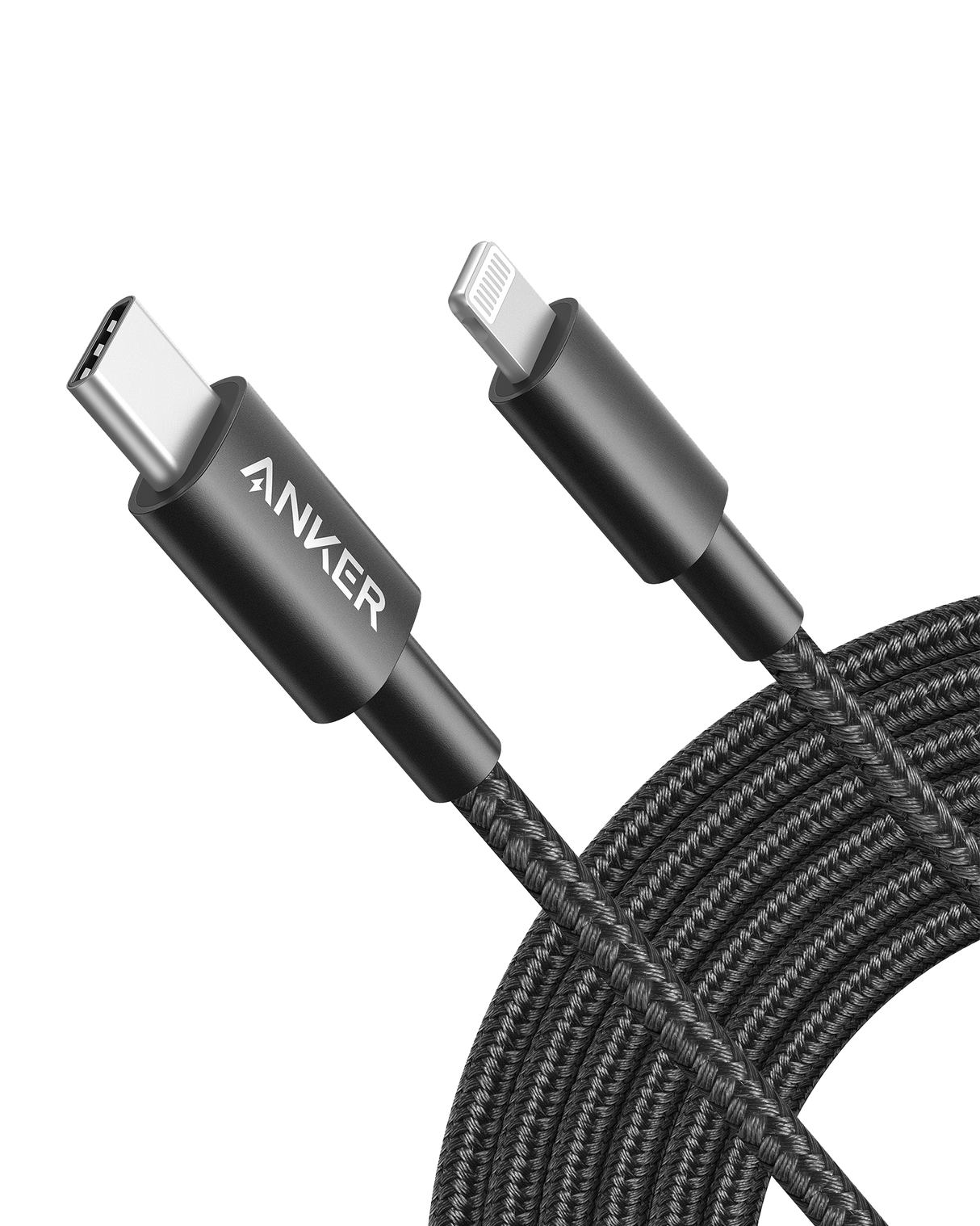 Anker 331 USB-C to Lightning charging cable with white braided design on a plain background.