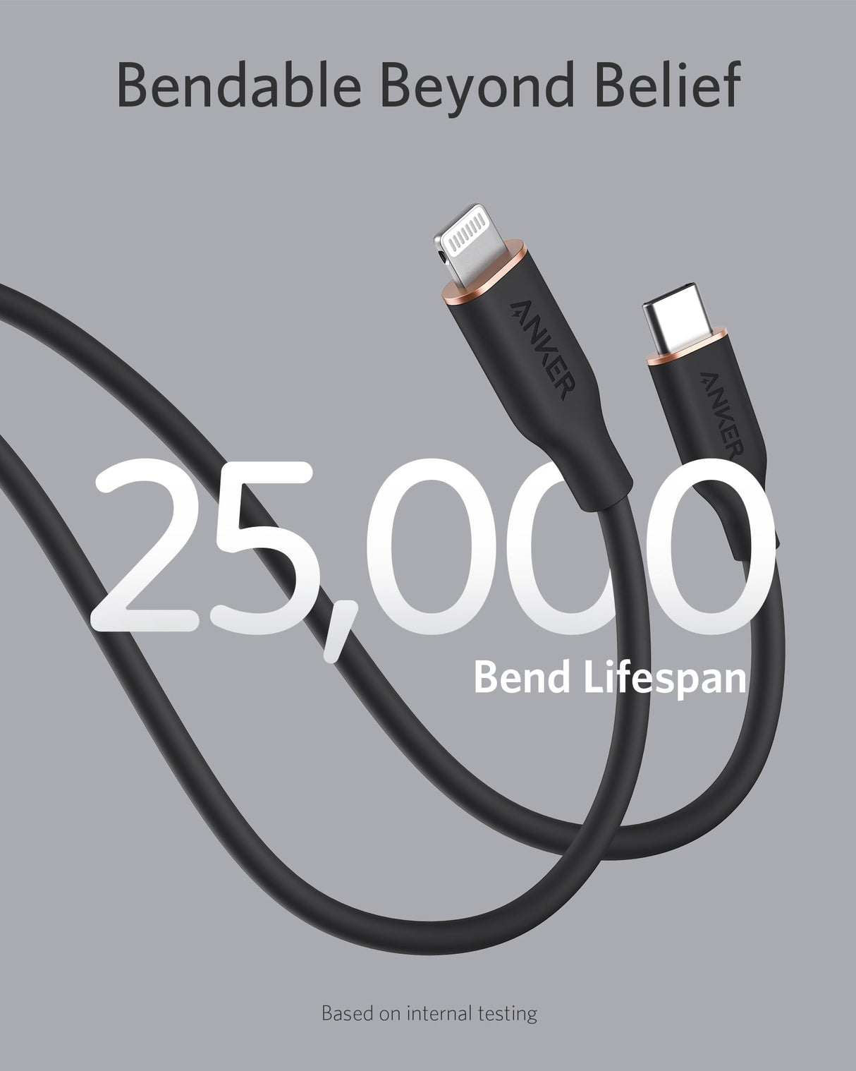 Anker 641 USB-C to Lightning cable, 3 ft silicone flow design, shown coiled with connectors visible on a white background.