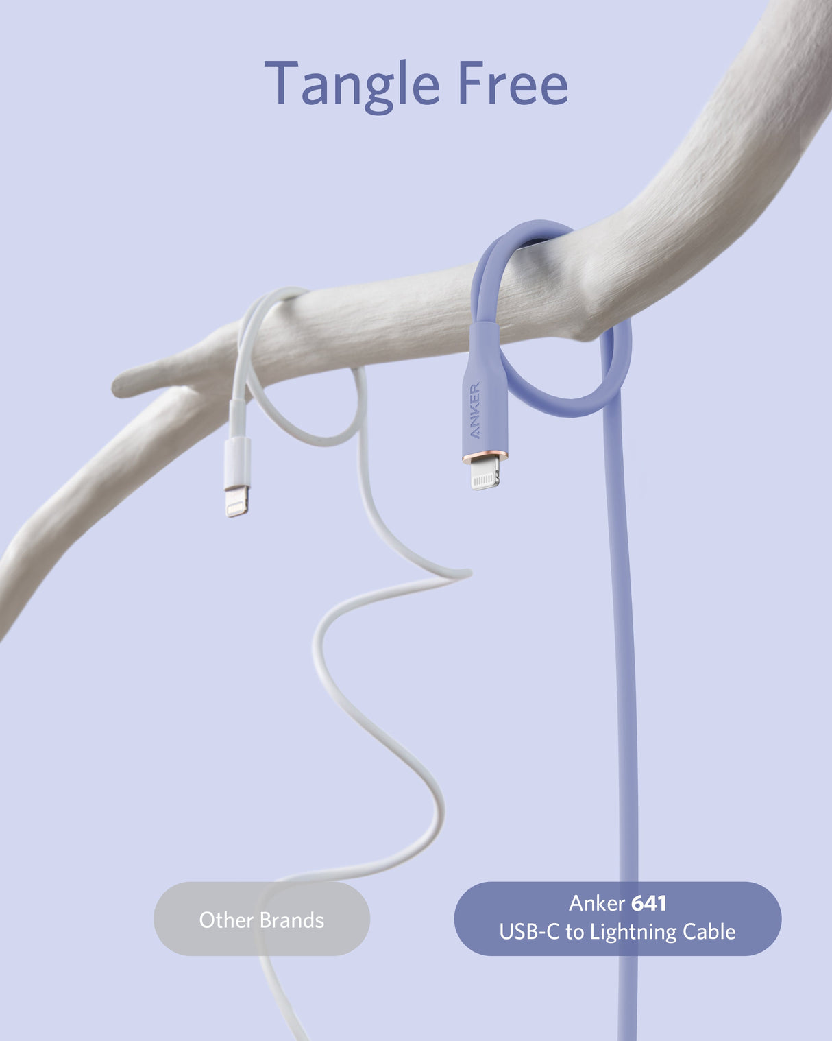 Anker 641 USB-C to Lightning cable in flow silicone design, 3 feet long, with a close-up of the flexible, durable cable.