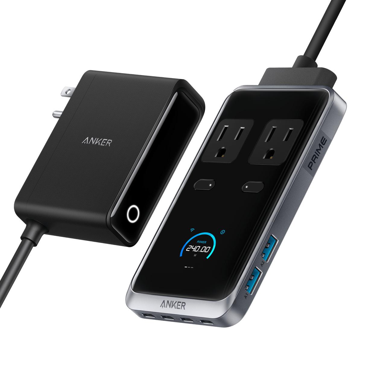 Anker Prime 8-in-1 240W charging station with multiple USB-C and USB-A ports for fast device charging.