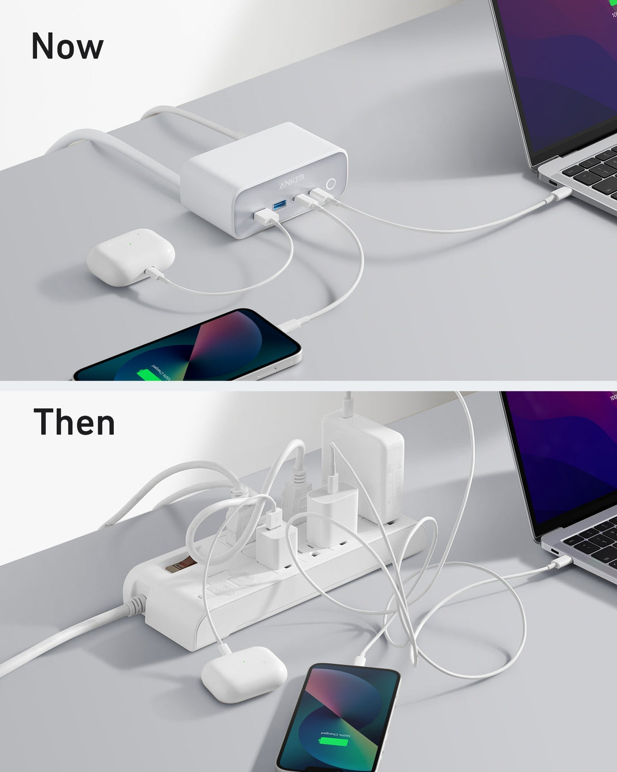 Anker 525 charging station with multiple USB ports for fast device charging, sleek white design, and compact form factor.