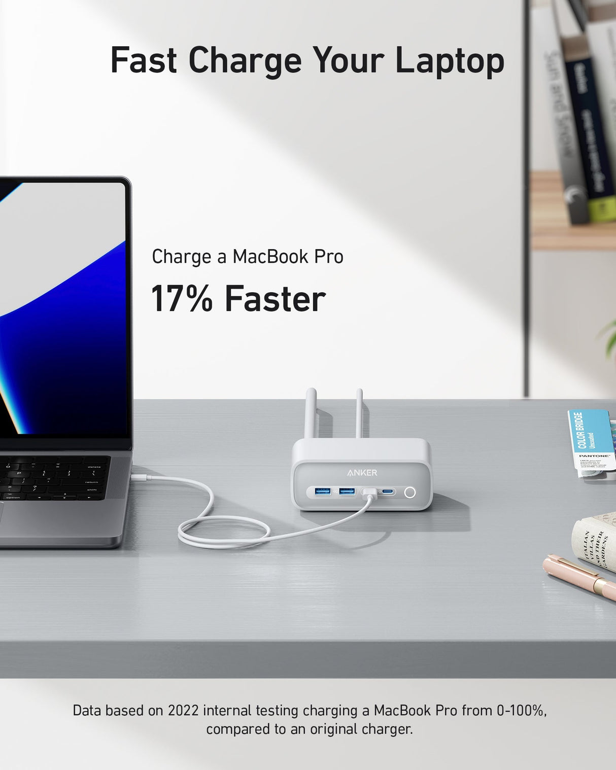 Anker 525 charging station with multiple USB ports and sleek design for charging electronic devices.