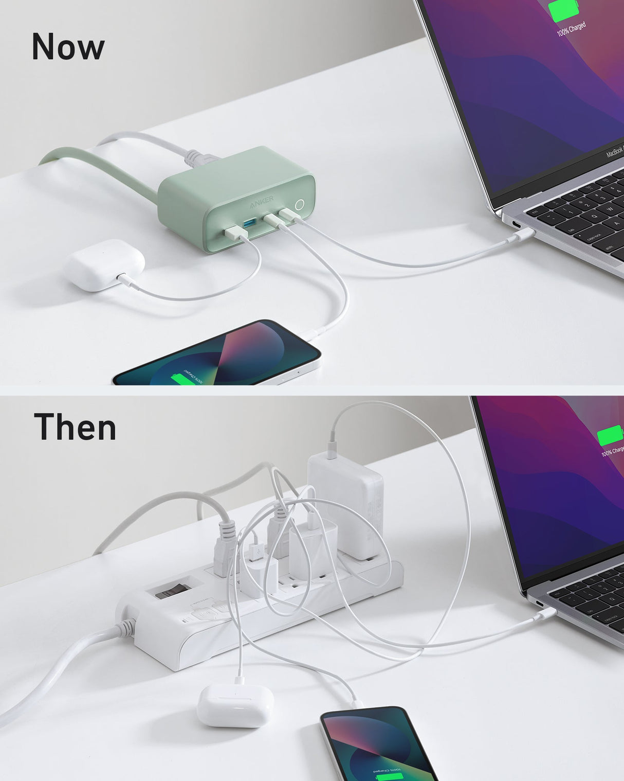 Anker 525 charging station with multiple USB ports for fast device charging, shown with connected cables and devices.