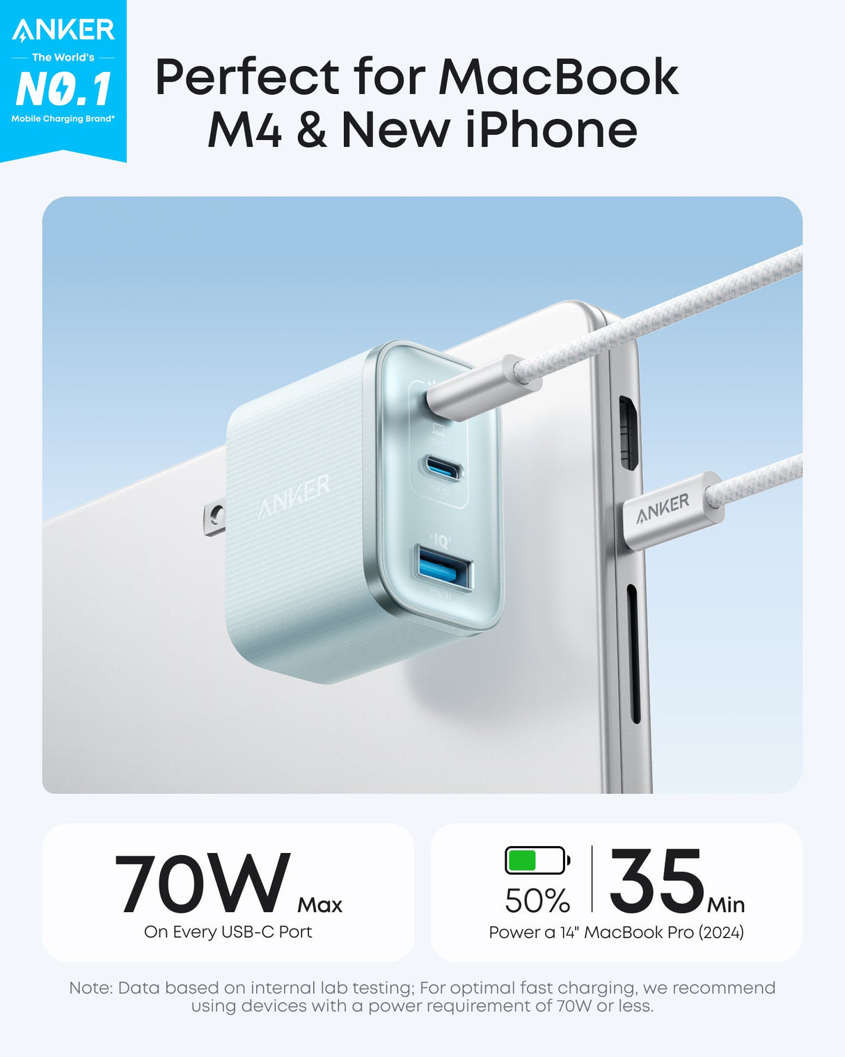 Anker Nano Charger with 70W power and three USB-C ports, compact design for fast charging multiple devices.