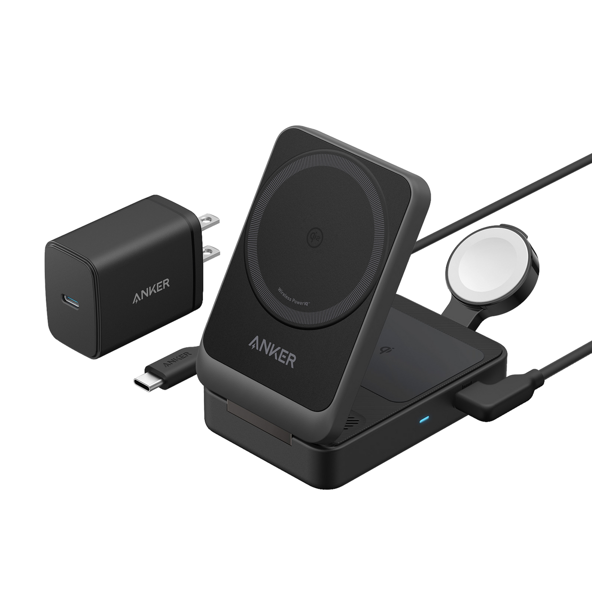 Anker MagGo foldable 3-in-1 wireless charging station with phone, Apple Watch, and AirPods charging pads on a desk.