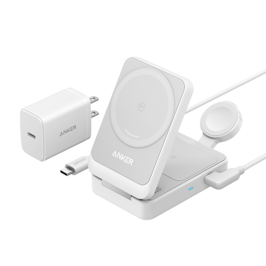Anker MagGo foldable 3-in-1 wireless charging station with space for smartphone, smartwatch, and wireless earbuds.