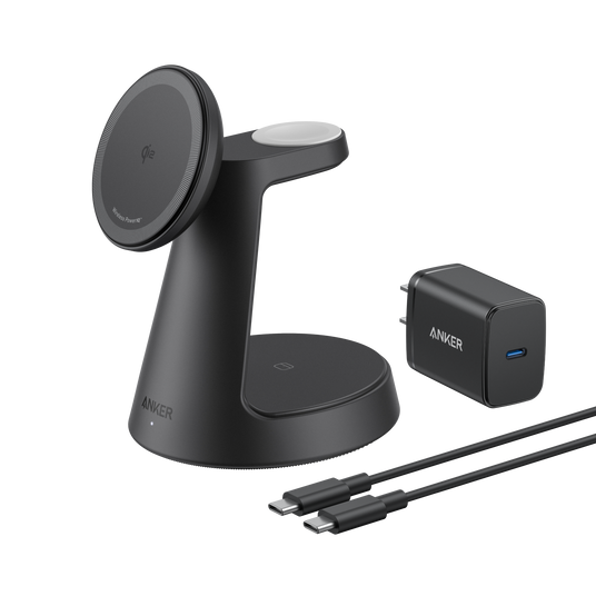 Anker MagGo 3-in-1 wireless charging station with dock stand for smartphones, AirPods, and Apple Watch on a sleek surface.