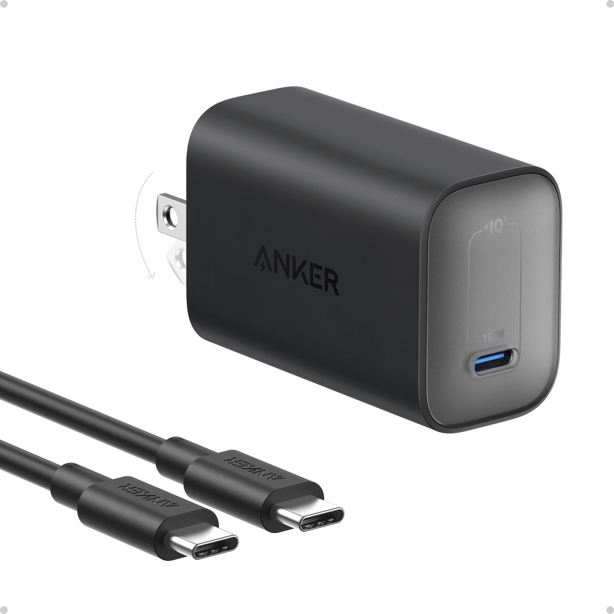 Anker Nano 100W charger with USB-C cable, compact black power adapter and braided USB-C cable for fast charging.