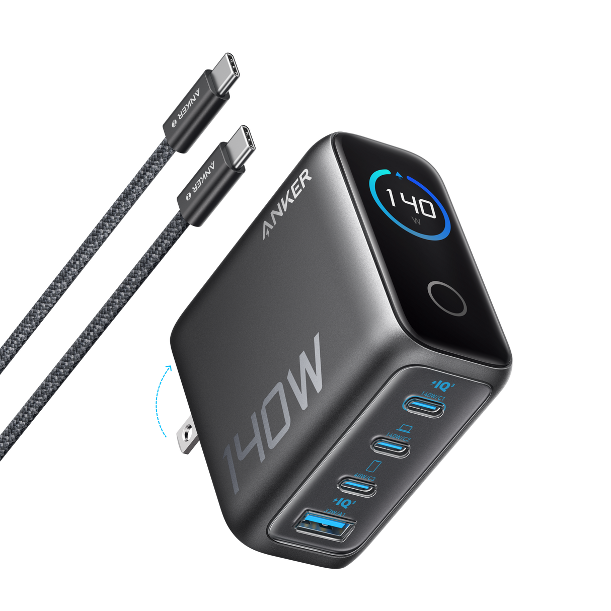 Anker 140W 4-port USB-C PD charger with included USB-C cable, compact charging station for multiple devices.