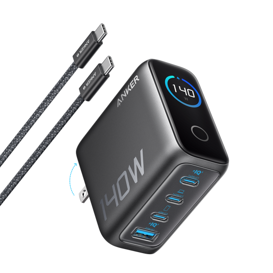 Anker 140W 4-port USB-C PD charger with included USB-C cable, compact charging station for multiple devices.