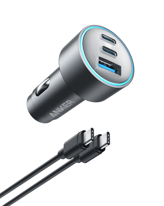 Anker 535 Car Charger with dual USB ports, compact design, and 67W power output, suitable for fast device charging in vehicles.