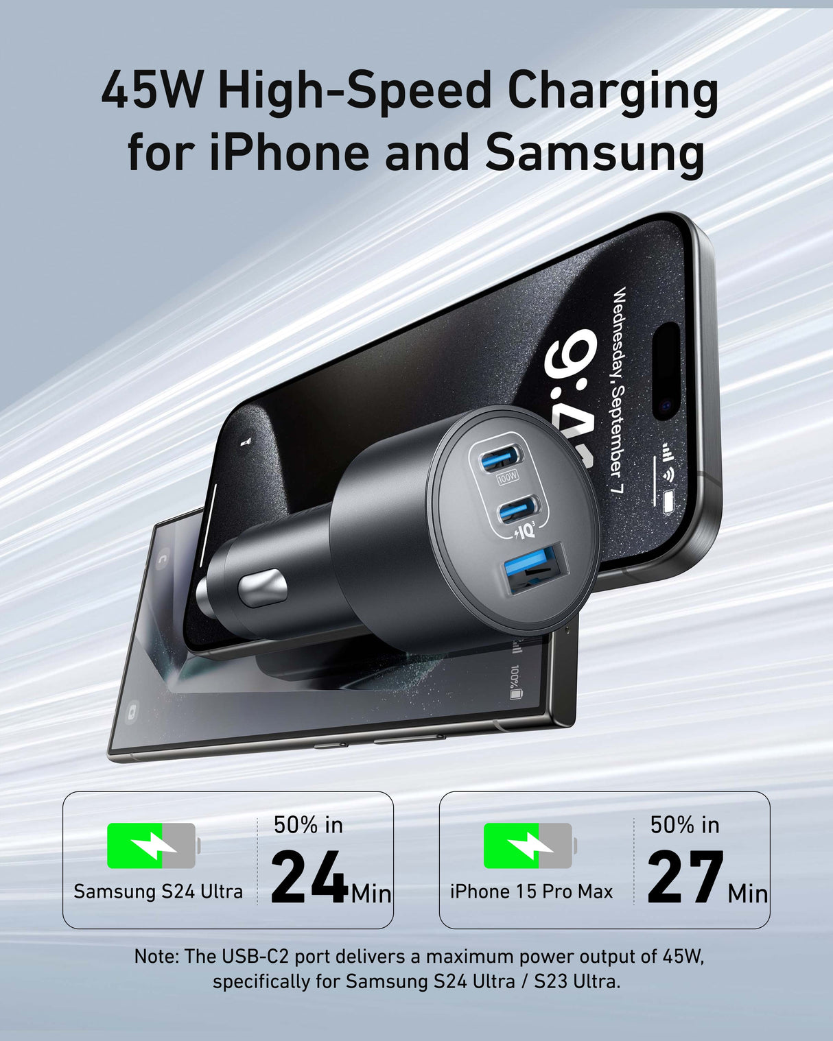 Anker Nano car charger with 3 USB ports and 167.5W power output, shown plugged into a vehicle's dashboard.