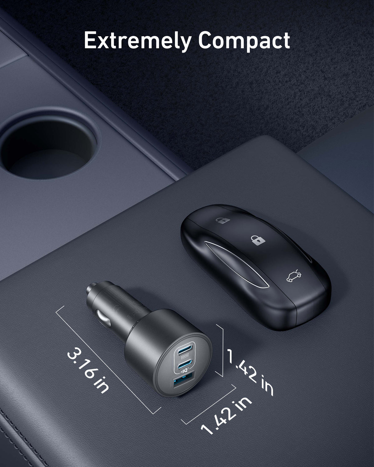Anker Nano car charger with three USB ports and 167.5W power output, shown plugged into a vehicle's cigarette lighter socket.