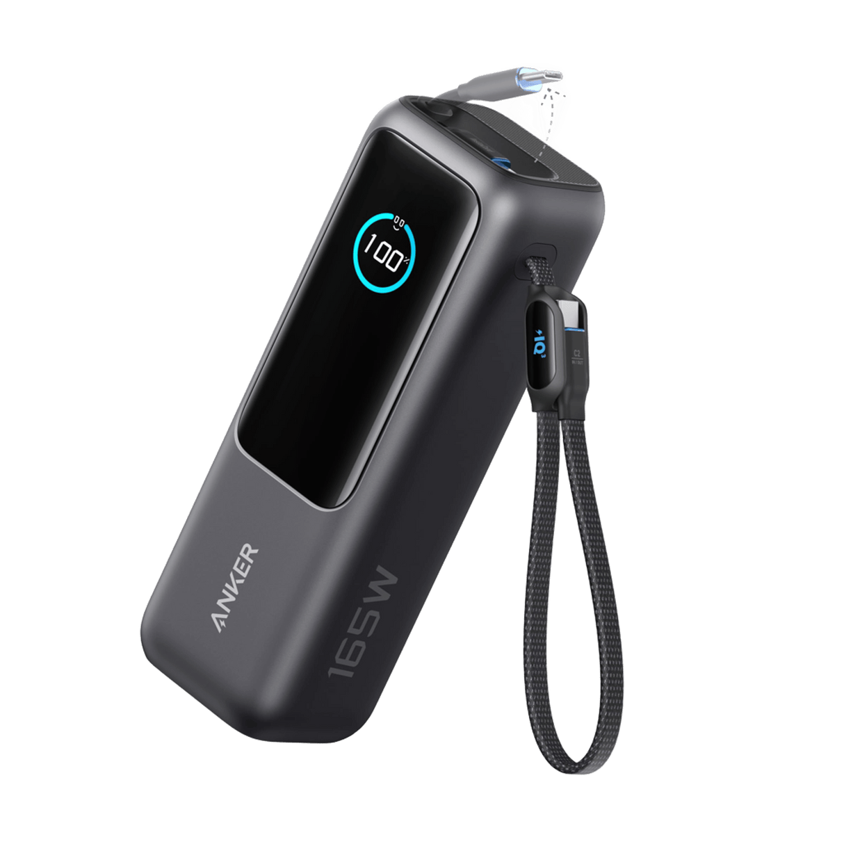 Anker 25K 165W laptop power bank with built-in retractable cables in black, portable and high-capacity for charging on the go.