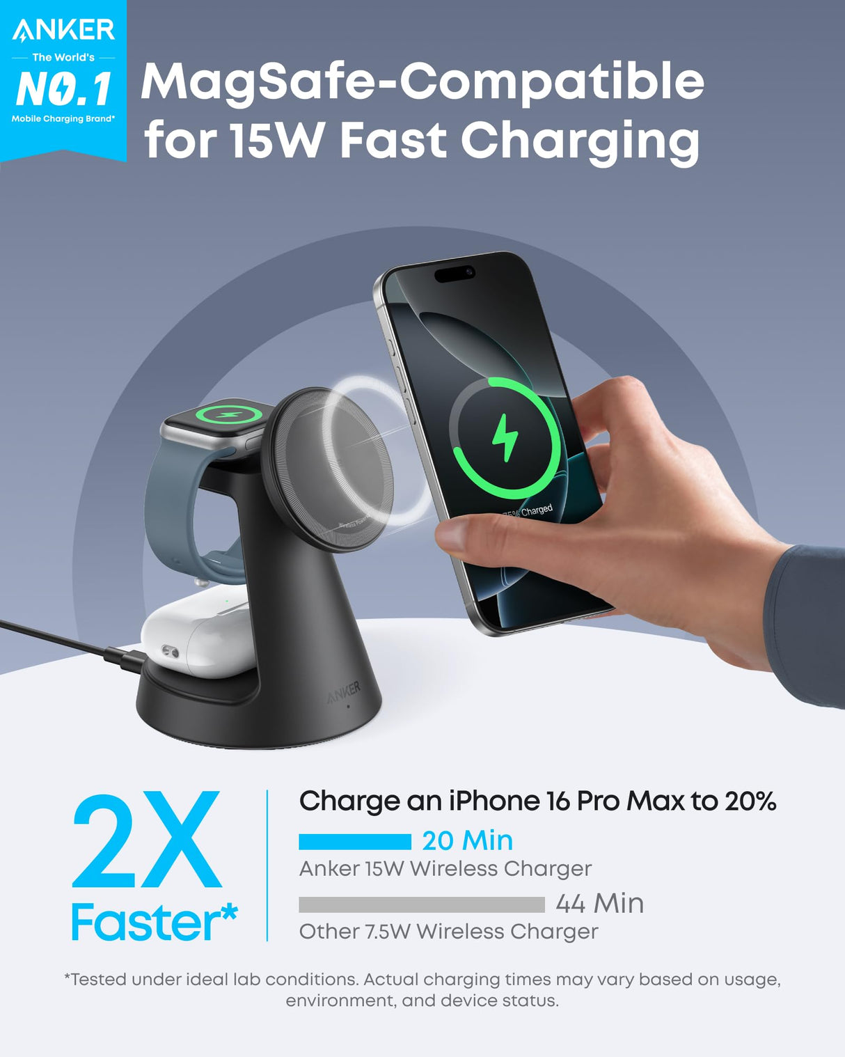 Anker MagGo wireless charging station 3-in-1 dock stand in black with space for phone, smartwatch, and earbuds.