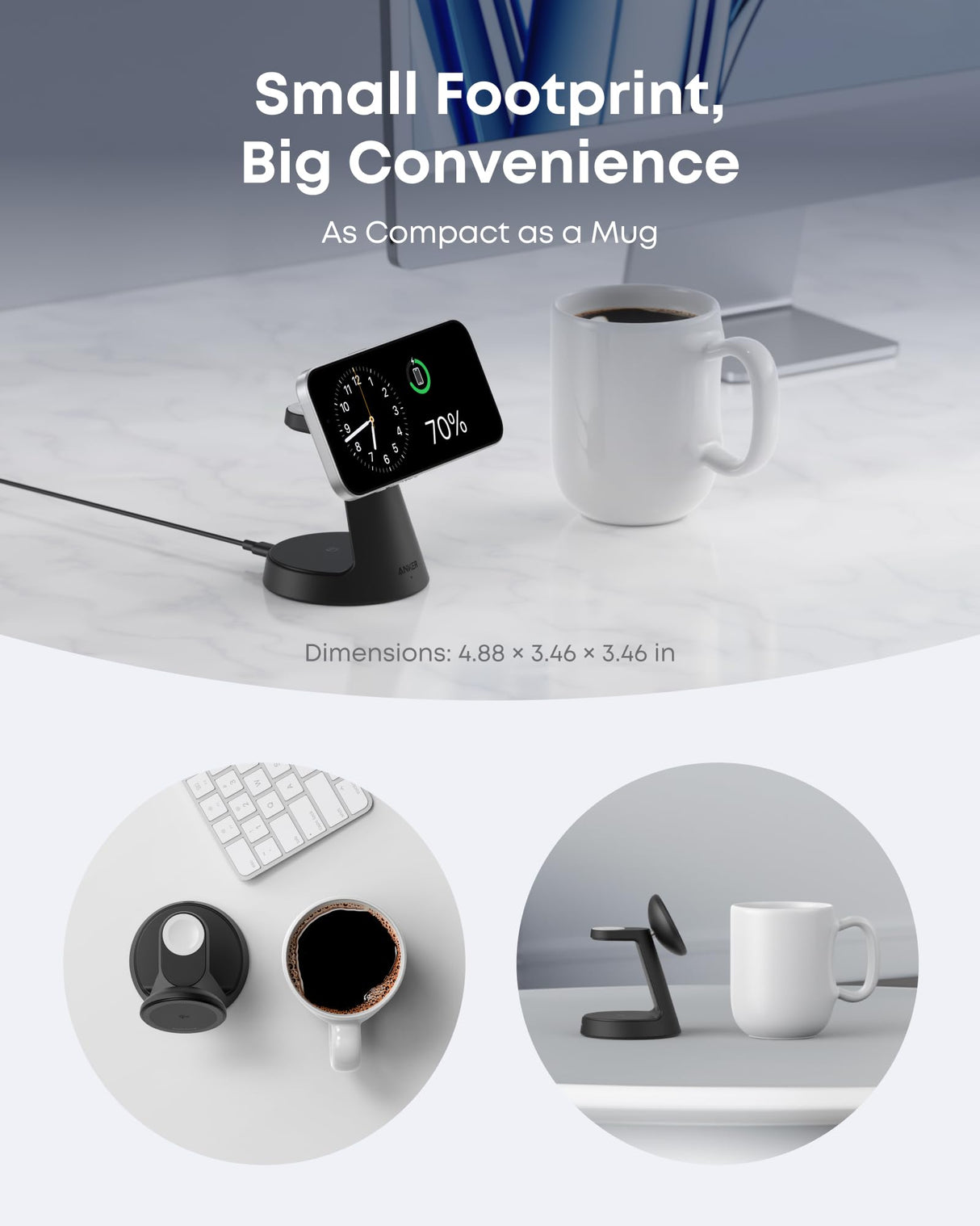 Anker MagGo 3-in-1 wireless charging station in black with dock stand for iPhone, Apple Watch, and AirPods.