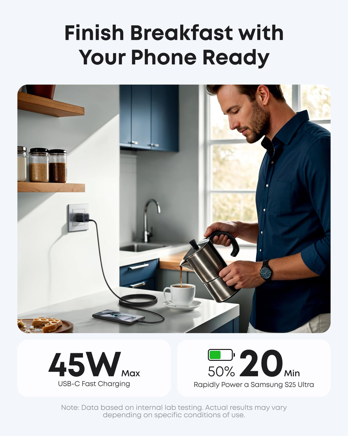 Black Anker Nano 45W charger with USB-C to USB-C cable, compact fast-charging power adapter for smartphones and devices