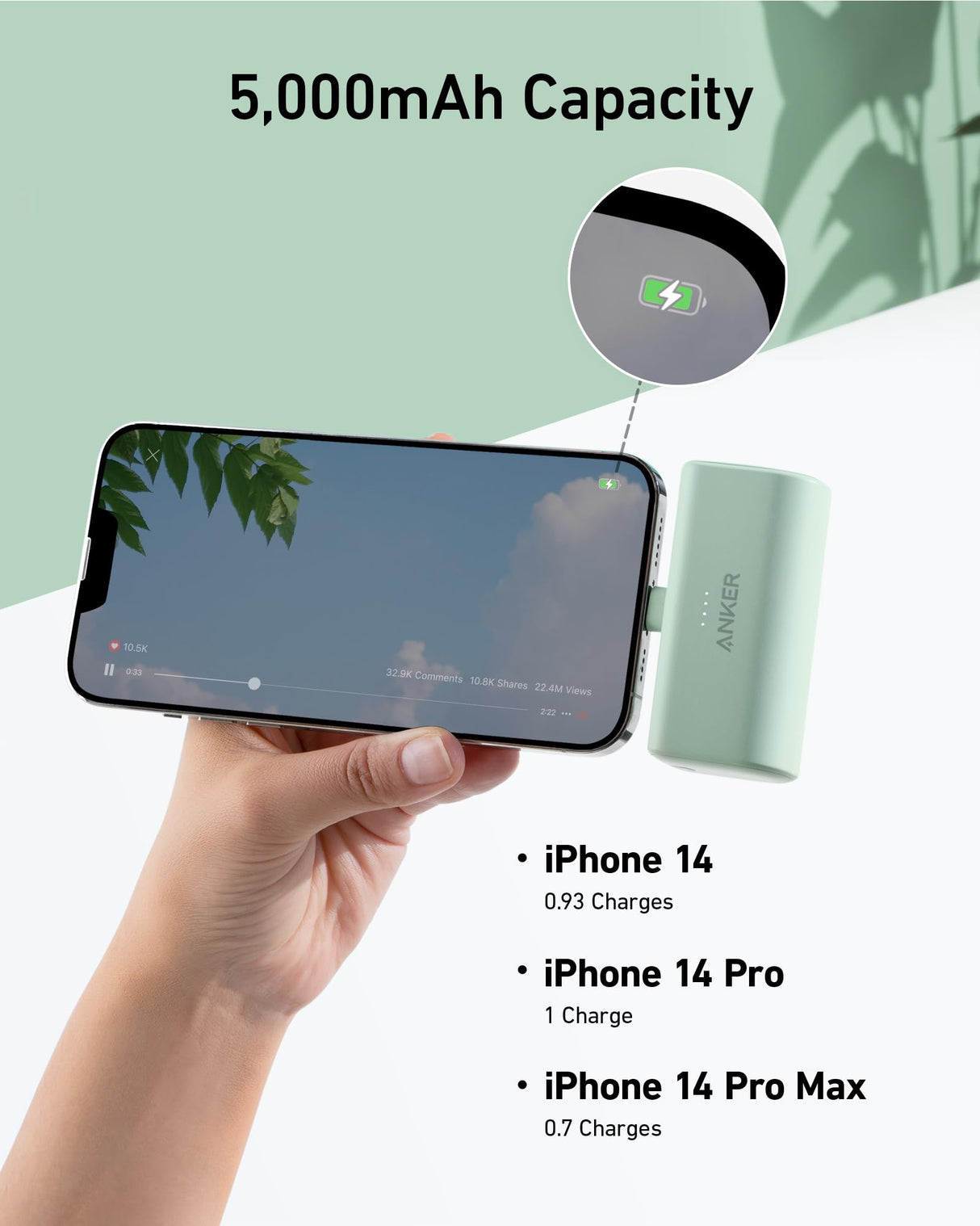 Anker Nano Power Bank in black with built-in Lightning connector, compact portable charging device for smartphones and devices.