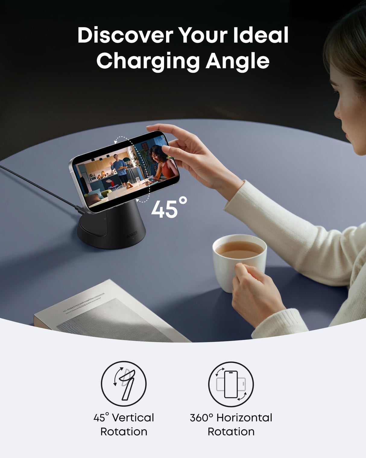 Anker MagGo 3-in-1 wireless charging station in black with dock stand for smartphones, earbuds, and smartwatch charging.