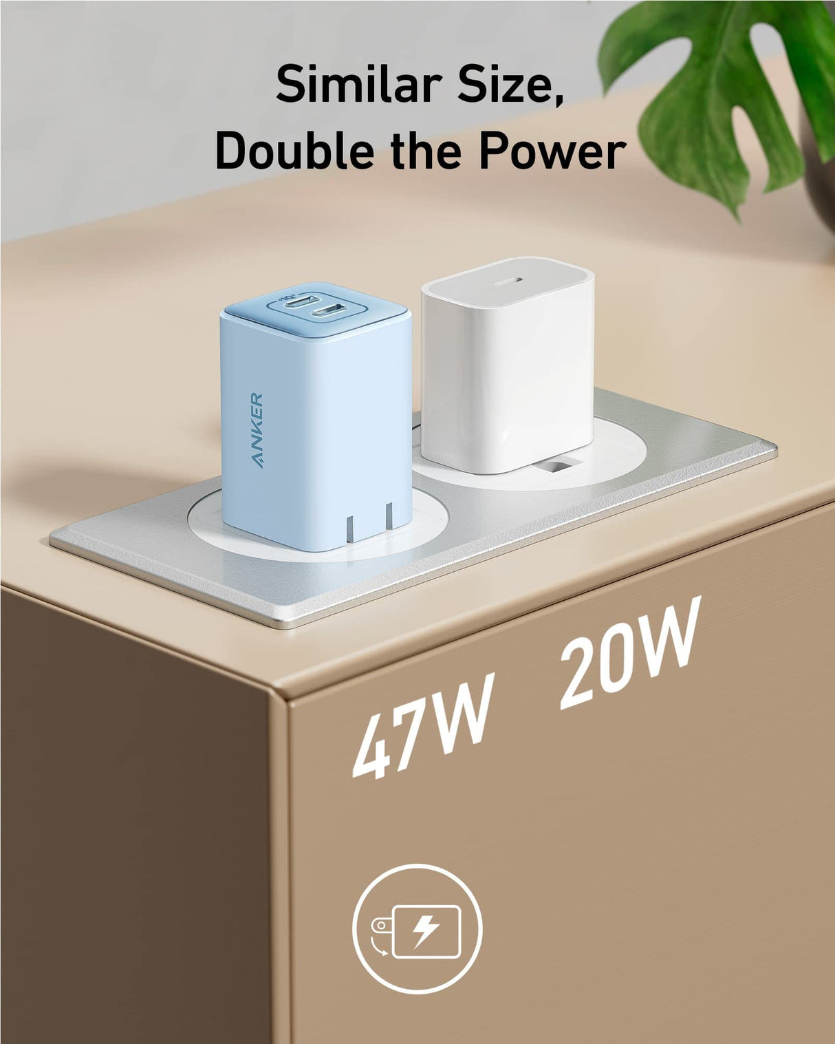Blue Anker 523 Nano 3 47W charger with compact design and USB-C port, suitable for fast device charging.