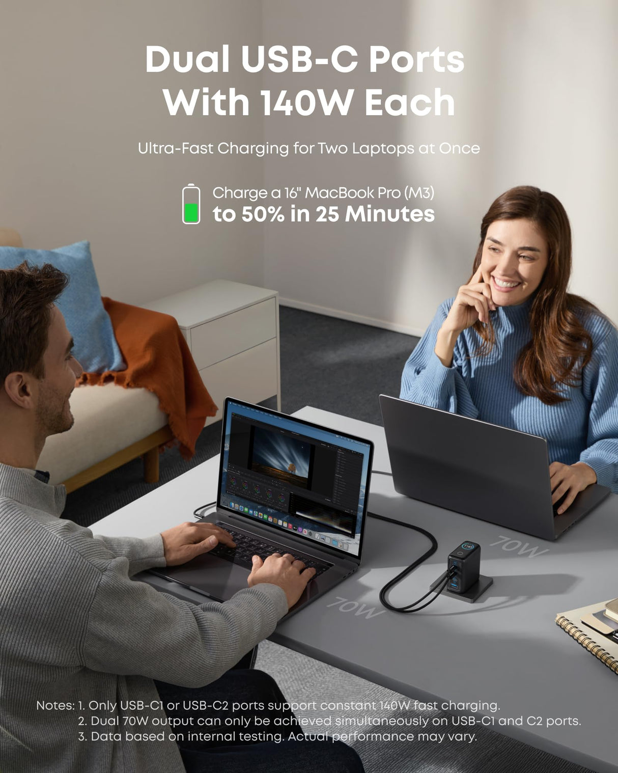 Anker 140W 4-port USB-C charger with PD 3.1 and matching dark gray USB-C cable, showcasing multiple charging ports and sleek design.