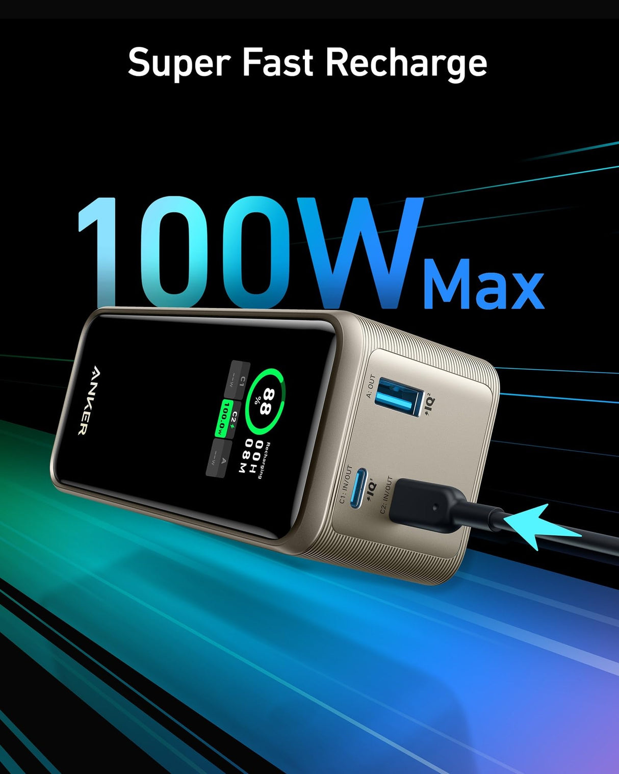 Anker Prime 20K 200W power bank for charging devices, featuring a sleek golden design and multiple charging ports.