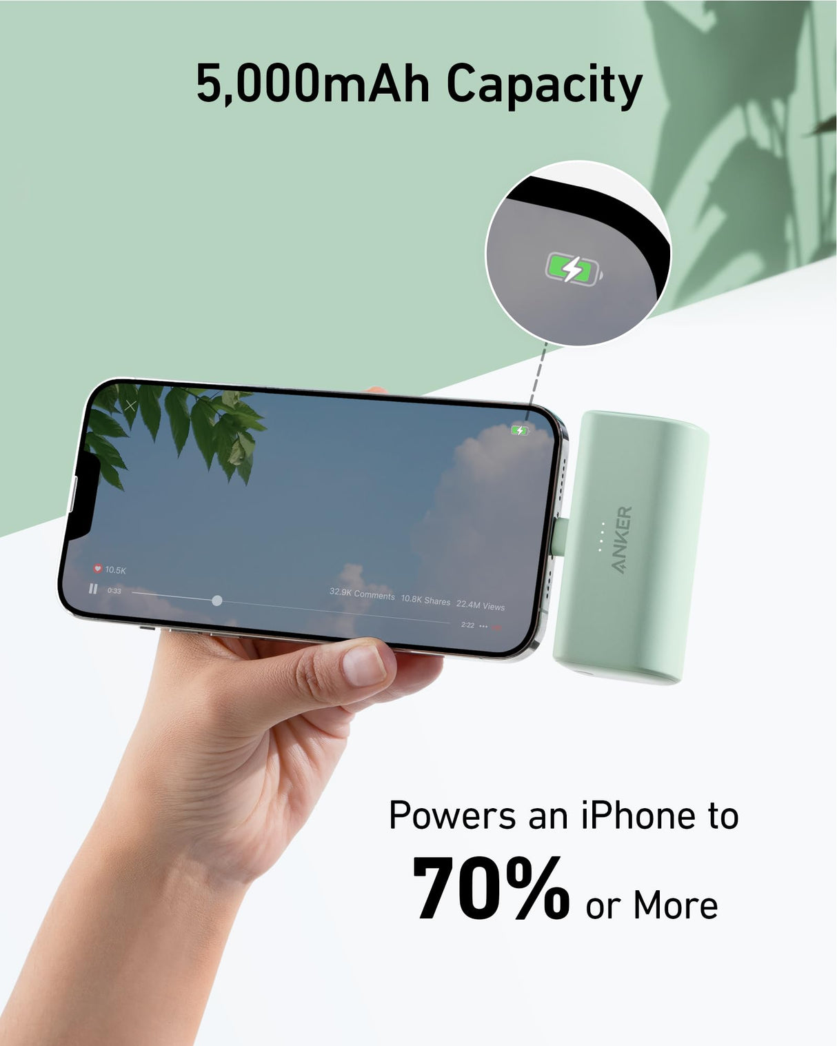 Anker Nano Power Bank with built-in Lightning connector in green, compact portable charging device for smartphones and devices
