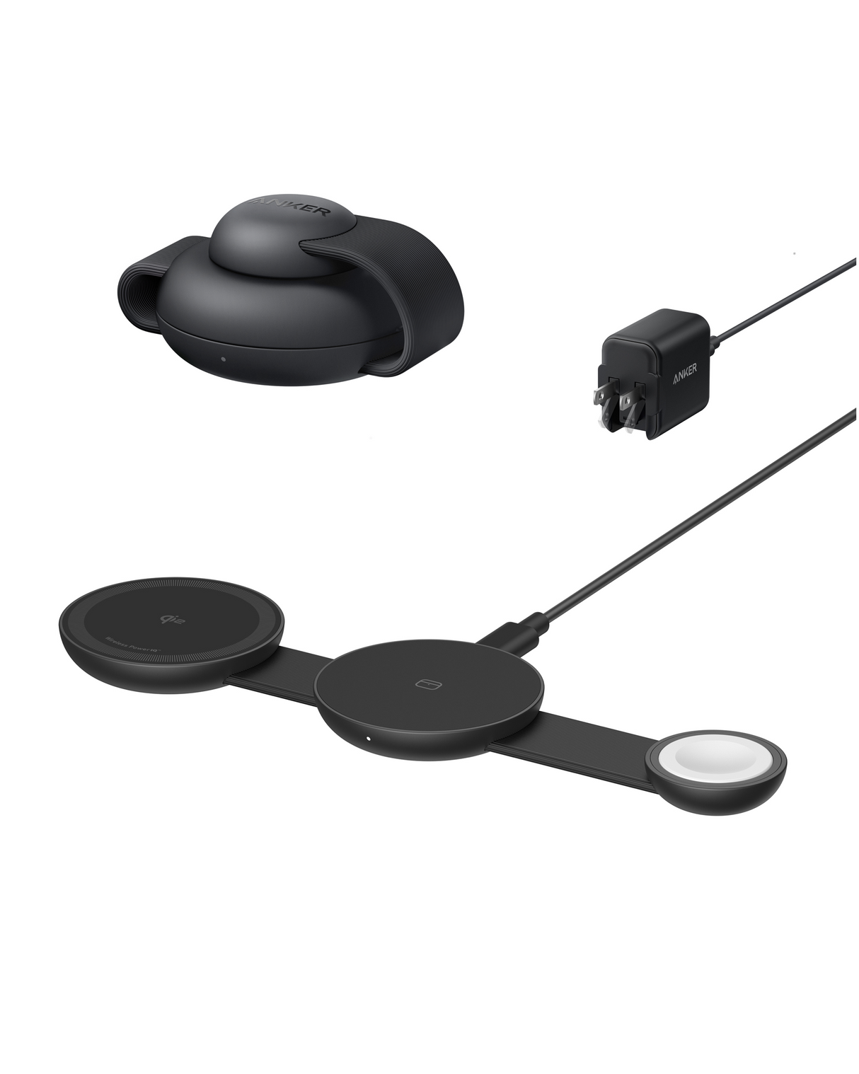 Anker MagGo 3-in-1 wireless charging station with foldable pad for iPhone, Apple Watch, and AirPods, shown in a group image.