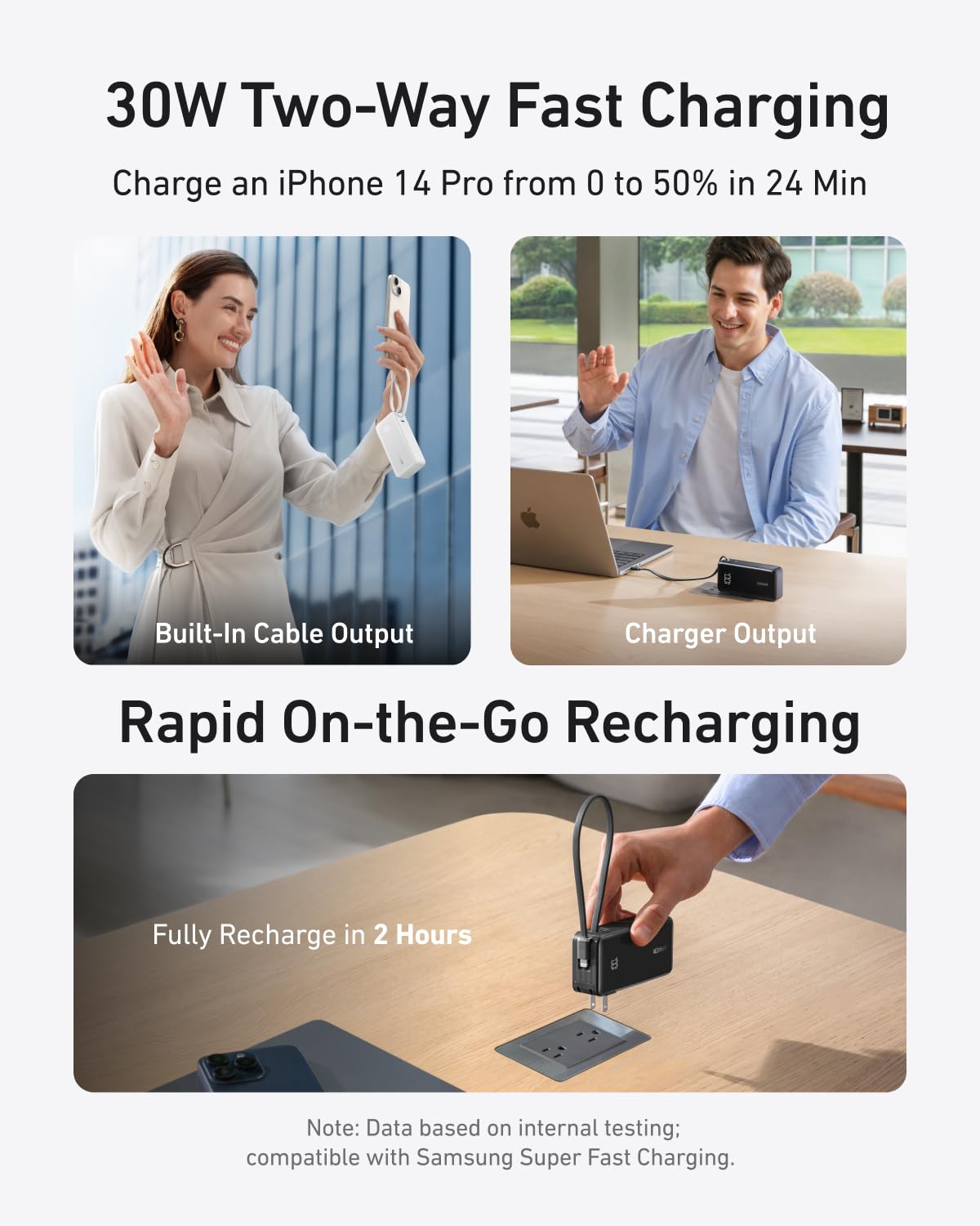 Blue Lightning cable for Anker Power Bank 10K Fusion with built-in cable, designed for convenient charging and data transfer.