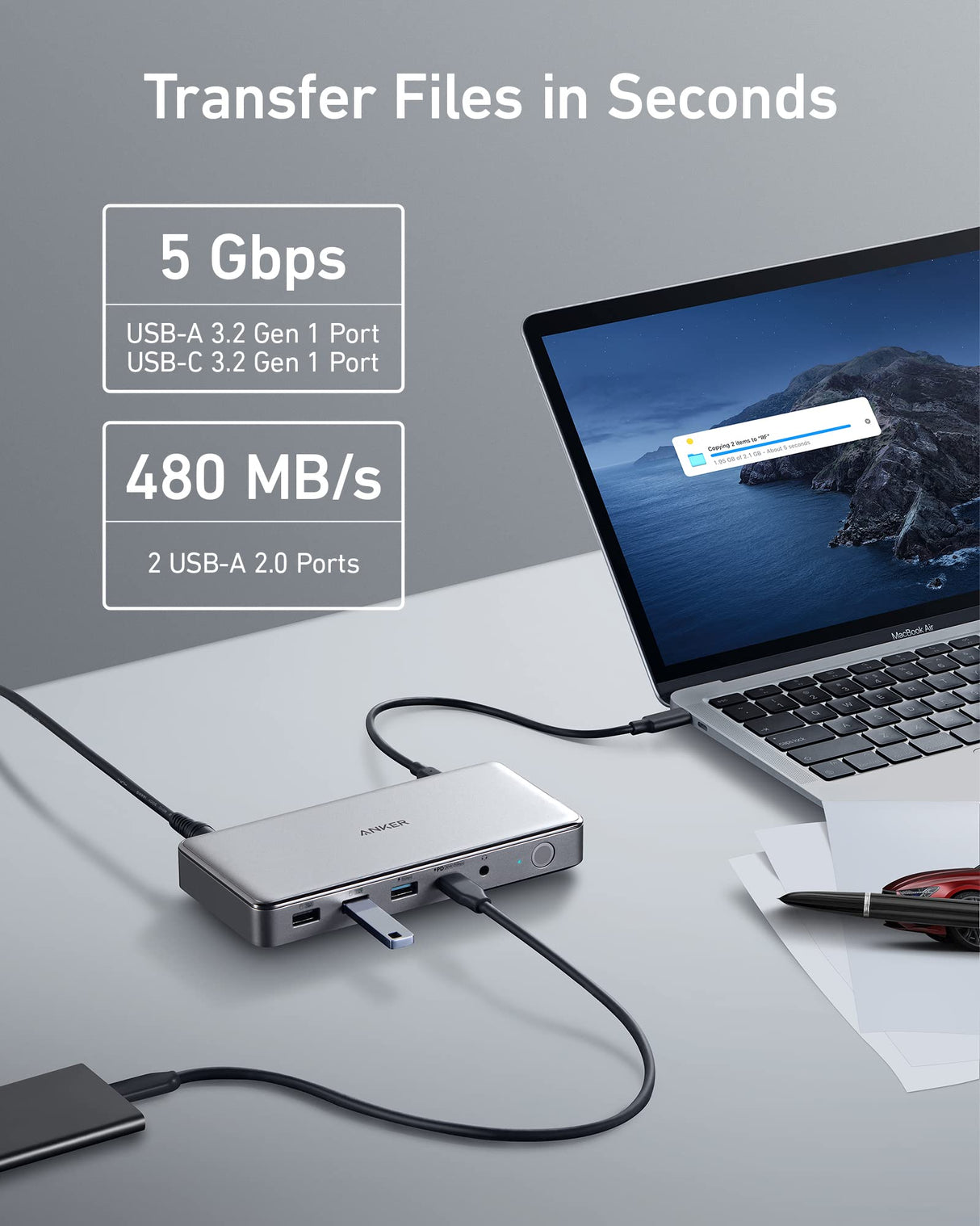Anker 563 USB-C Docking Station for charging, featuring multiple ports and sleek design, shown in close-up view.