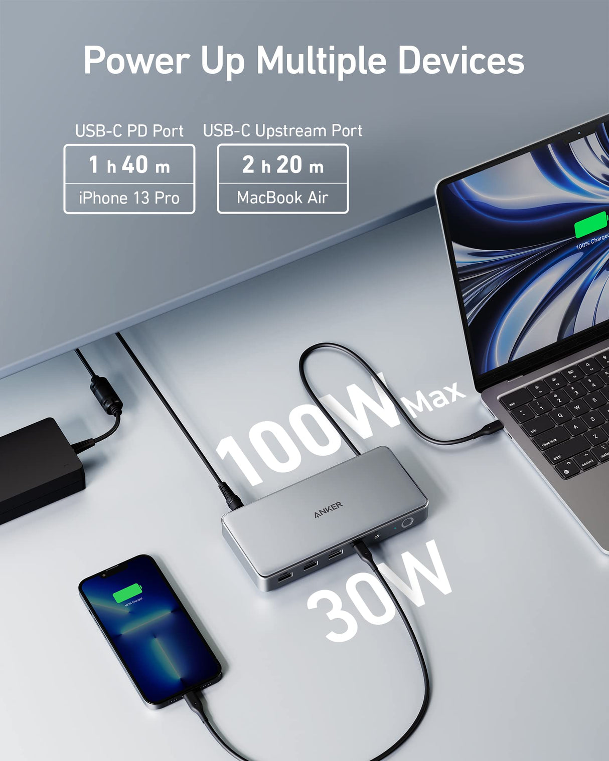 Anker 563 USB-C Docking Station showing multiple ports for charging and connectivity in a sleek black design.