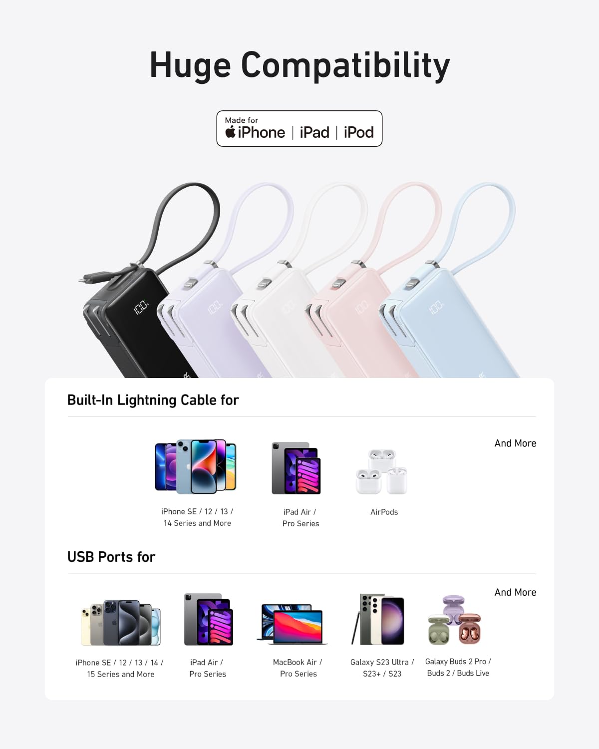 Anker Power Bank 10K Fusion with built-in pink cable, portable charger for smartphones and devices.
